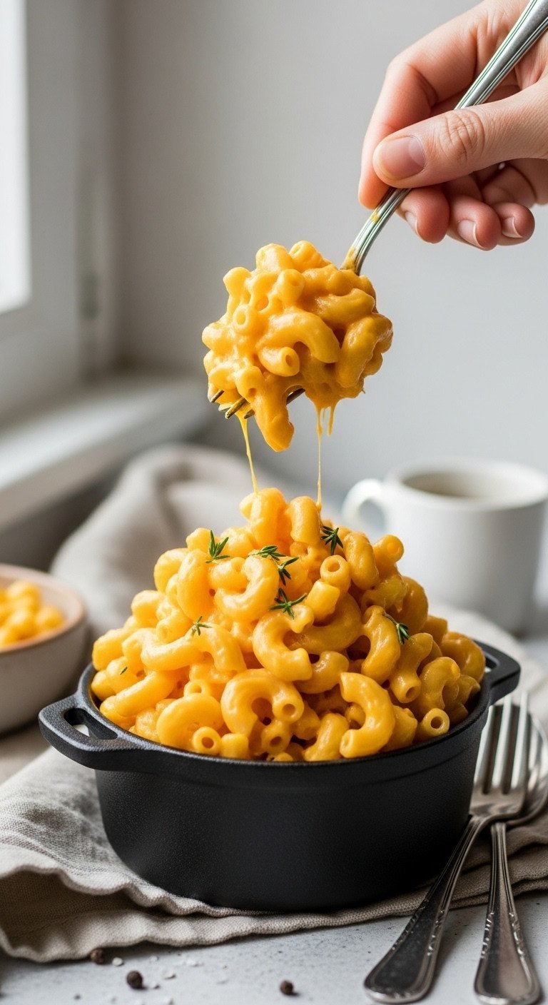 Creamy Mac and Cheese recipe: elbow macaroni, thick orange-yellow cheese sauce, black pepper in a black cast-iron pot.