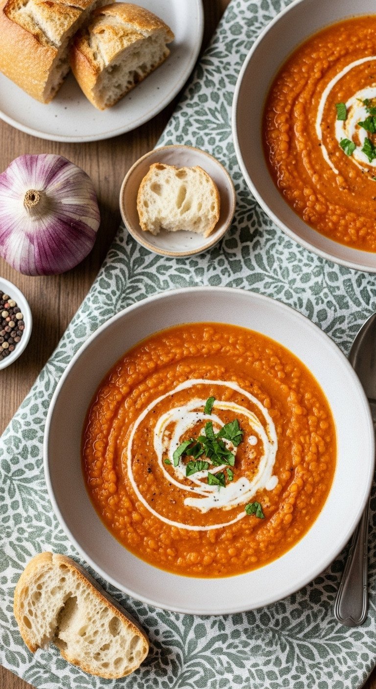 Creamy Red Lentil Soup recipe: thick pureed lentils, swirl of cream, fresh herbs in a ceramic bowl, with crusty bread.