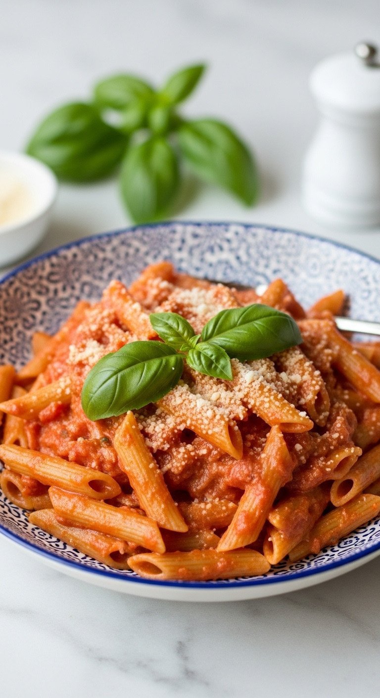 Creamy Tomato Pasta recipe: vibrant penne or rotini in rich red sauce, with fresh basil and Parmesan cheese.