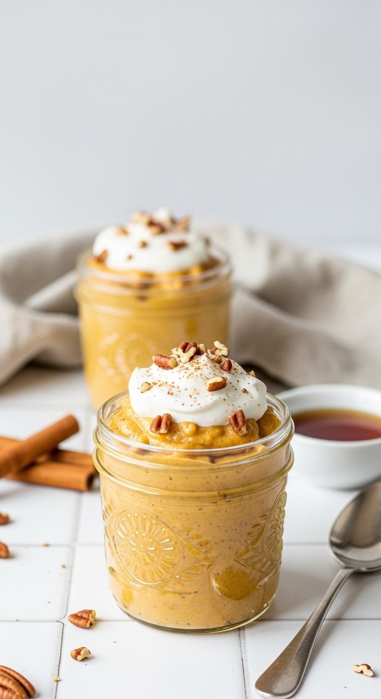 Creamy Vegan Coconut Cream Pumpkin Pudding in a glass jar, topped with whipped cream, pecans, cinnamon.