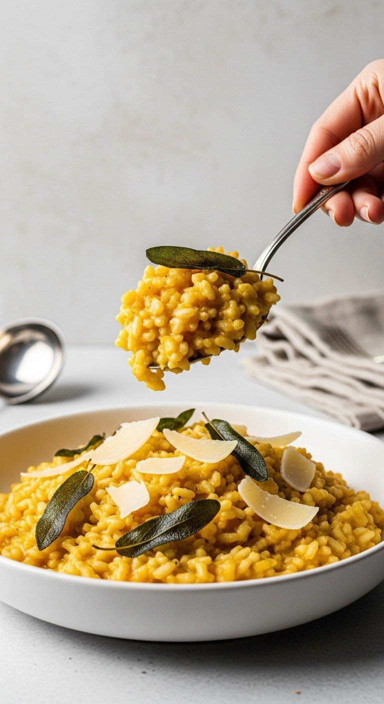 Creamy butternut squash risotto with shaved Parmesan and crispy sage in a shallow white bowl.
