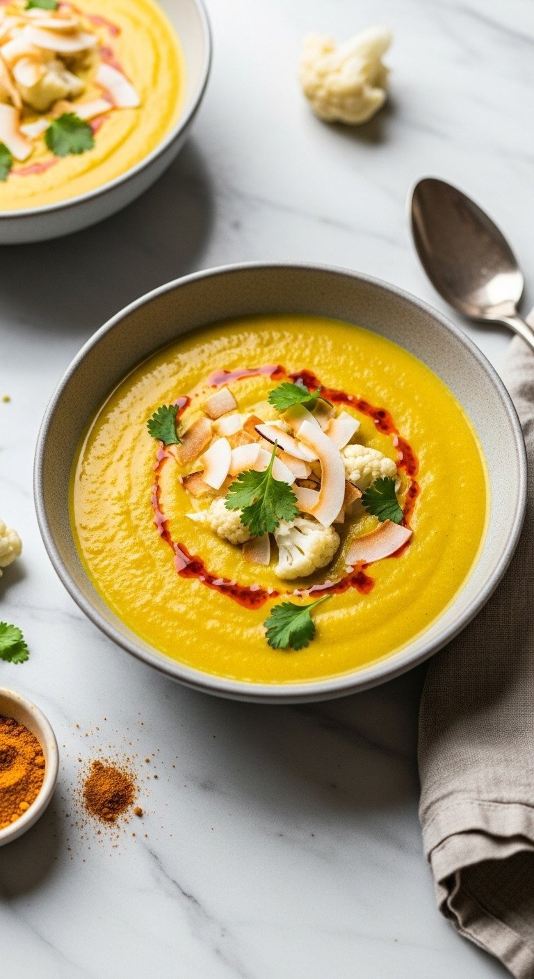 Master 7 Delicious Soup Recipes In Under An Hour 13 Creamy golden curried cauliflower coconut soup in a stoneware bowl, topped with toasted coconut and chili oil.
