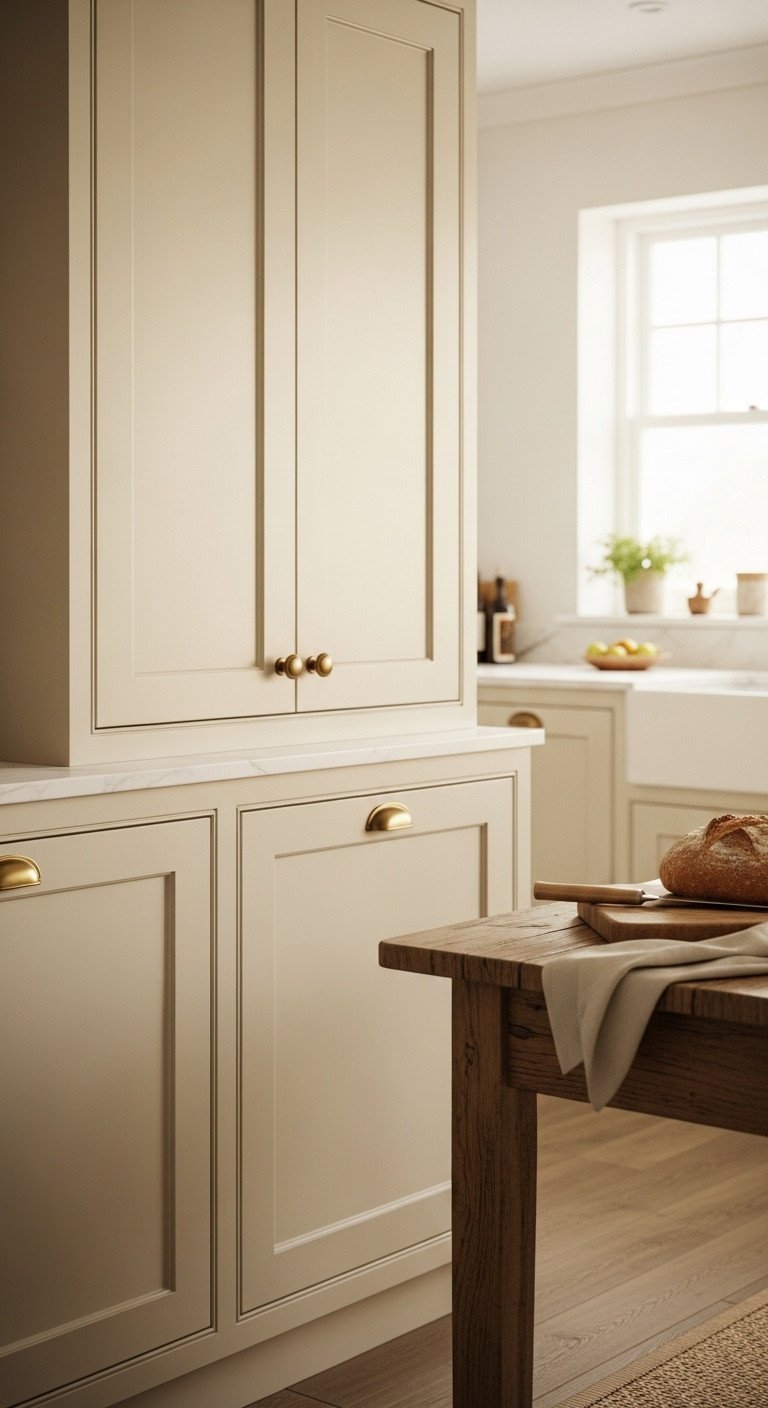 Creamy off-white shaker kitchen cabinets with brass hardware, wooden cutting board, and fresh bread on a rustic table. Cozy design.