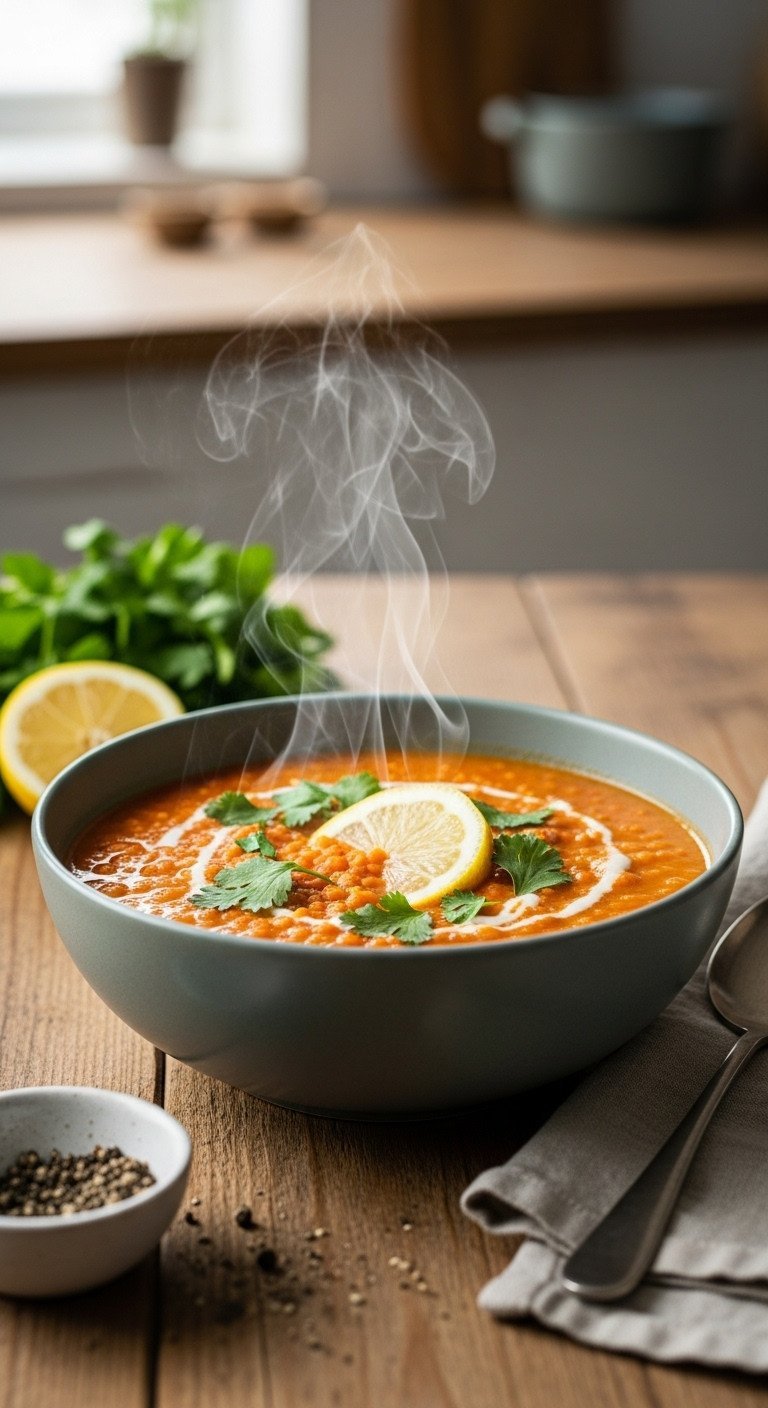 Master 7 Delicious Soup Recipes In Under An Hour 1 Creamy red lentil soup in a stoneware bowl, topped with lemon and cilantro, steaming on rustic wood, perfect for healthy meals.