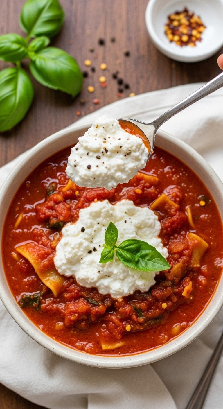 Lasagna Soup One Pot Recipe With Foolproof Noodle Tips 7 Creamy ricotta dolloped onto rich red and green lasagna soup in a rustic bowl, garnished with fresh basil.