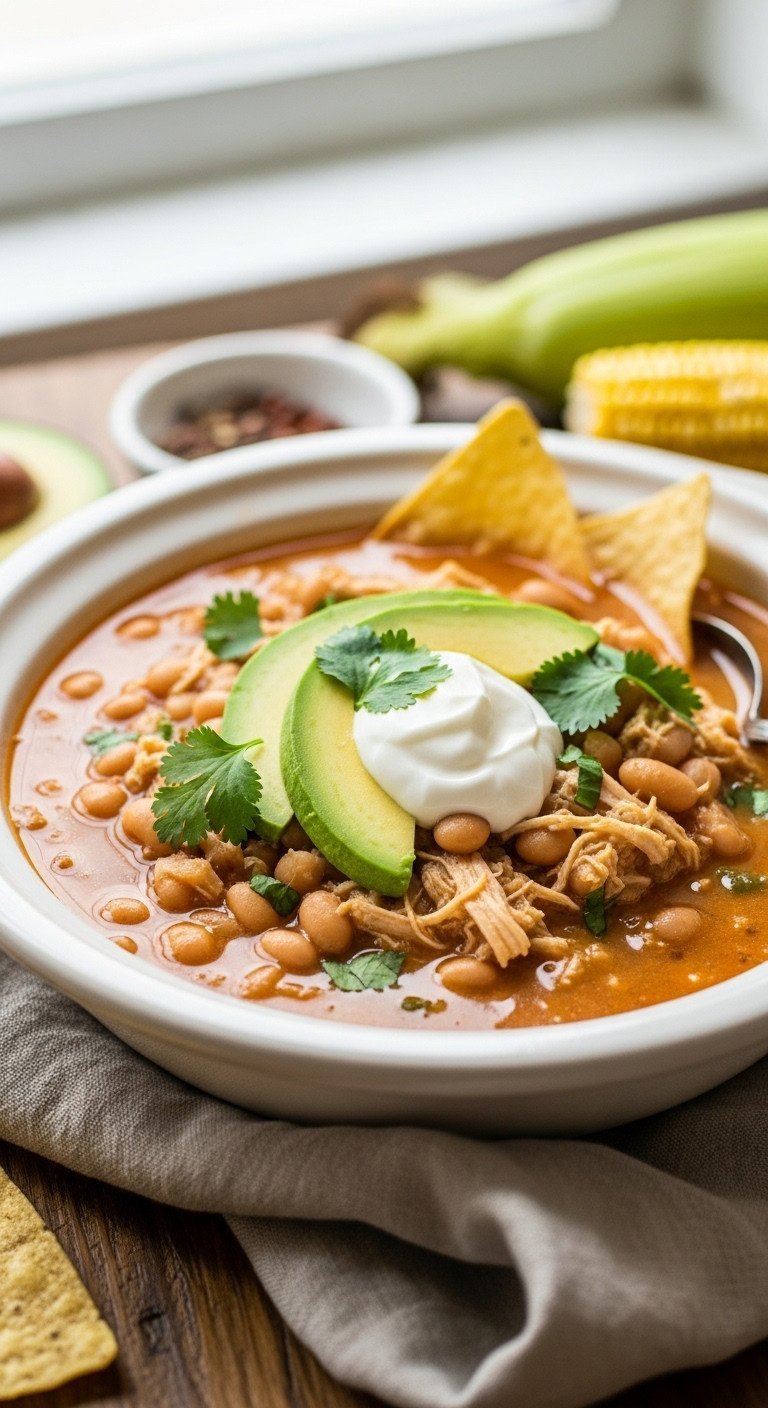 9 Cozy Fall Dinner Ideas Mastered With Sheet Pan And Slow Cooker 7 Creamy slow cooker white chicken chili topped with avocado, sour cream, cilantro in vintage bowl. Served with tortilla chips.