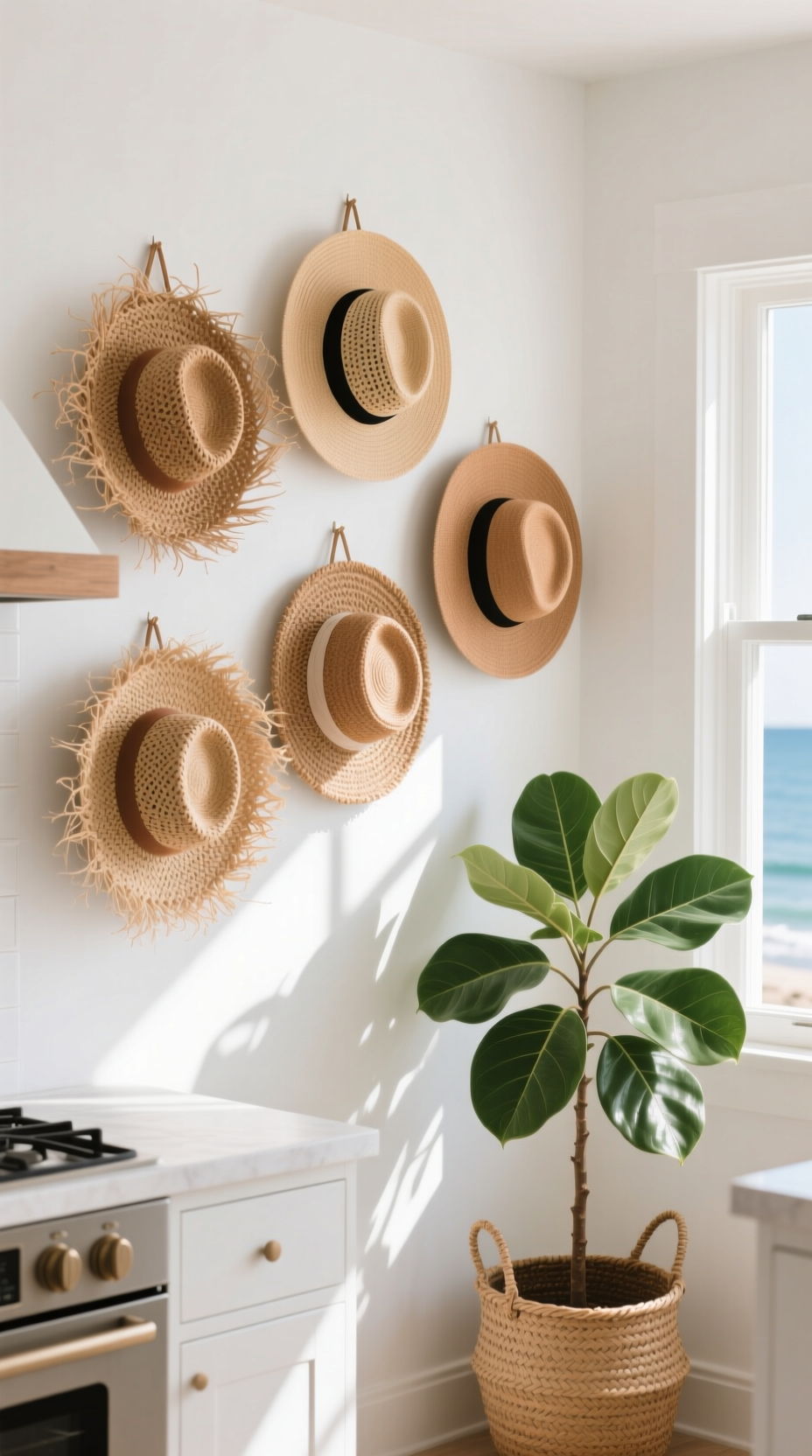 13 Genius Boho Kitchen Wall Decor Ideas You Can Style 19 Creative wall display of five straw and rattan sun hats creating a focal point in a light-filled, coastal boho kitchen.