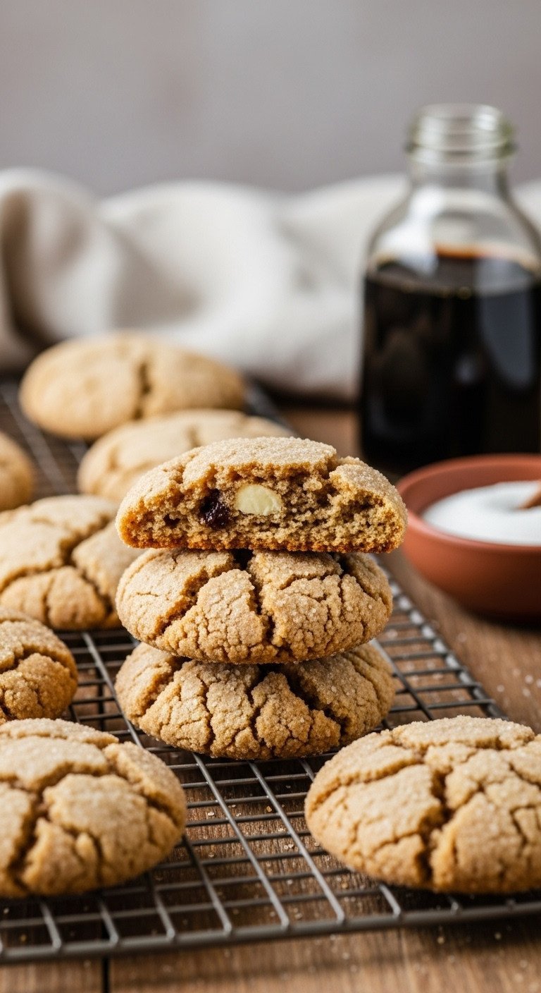 Crinkled ginger molasses spice cookies, sugar-dusted, stacked on cooling rack, rustic table with molasses, warm and chewy.