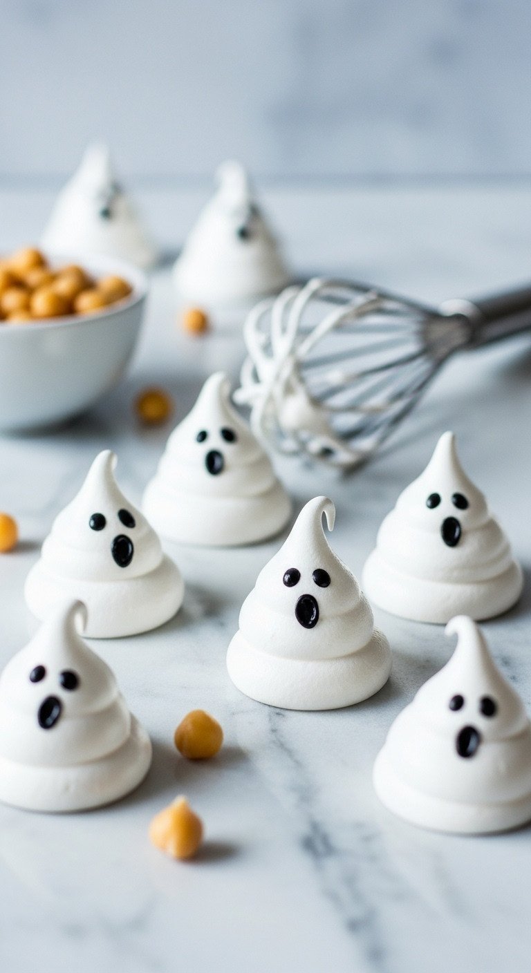 Crisp vegan meringue ghost cookies with black edible eyes, made with aquafaba, on marble with chickpeas and whisk.