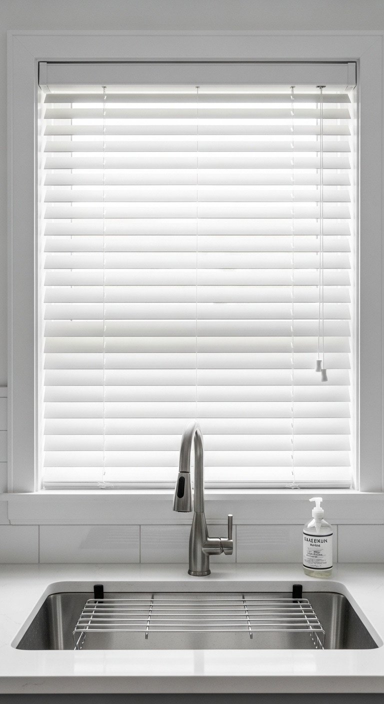 Crisp white 2-inch faux-wood blinds tilted open over a stainless steel kitchen sink, casting stripes of light.