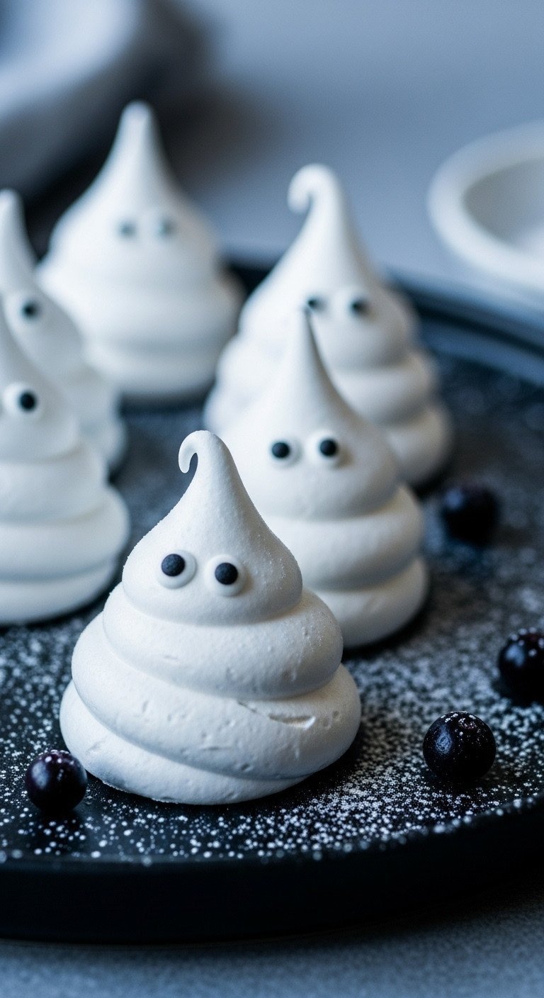 Crisp white meringue ghost cookies with black edible eyes on a black platter, dusted with sugar and dark berries.