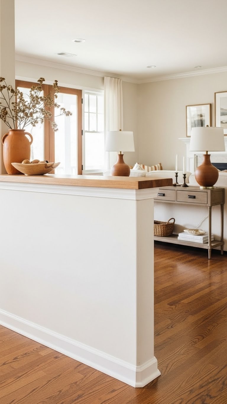 Crisp white partial knee wall with butcher block top separating open kitchen living room, useful ledge, console table, warm lighting.