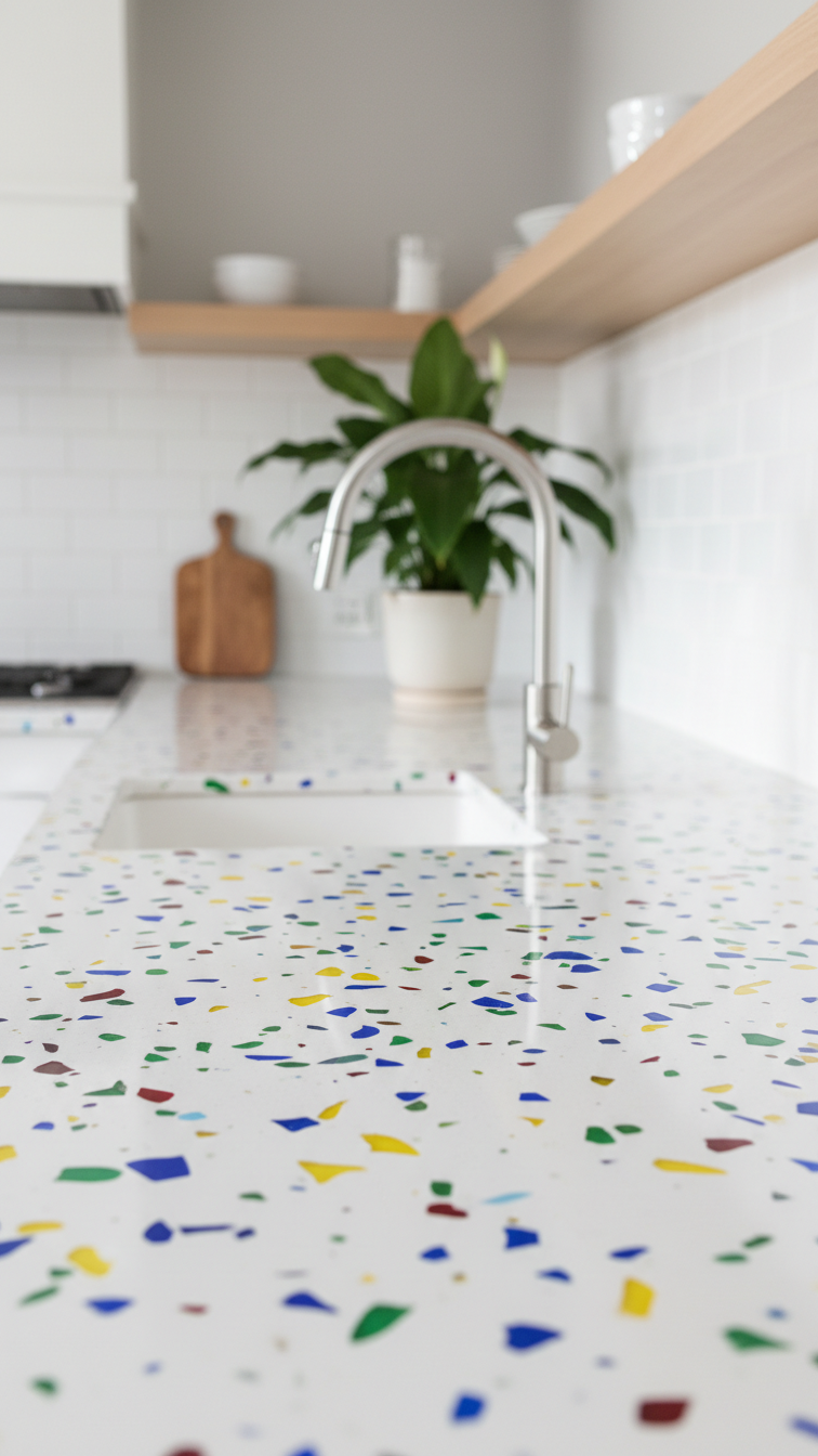 Crisp white recycled glass countertop with vibrant embedded fragments, minimalist faucet, and green plant in a bright modern kitchen.