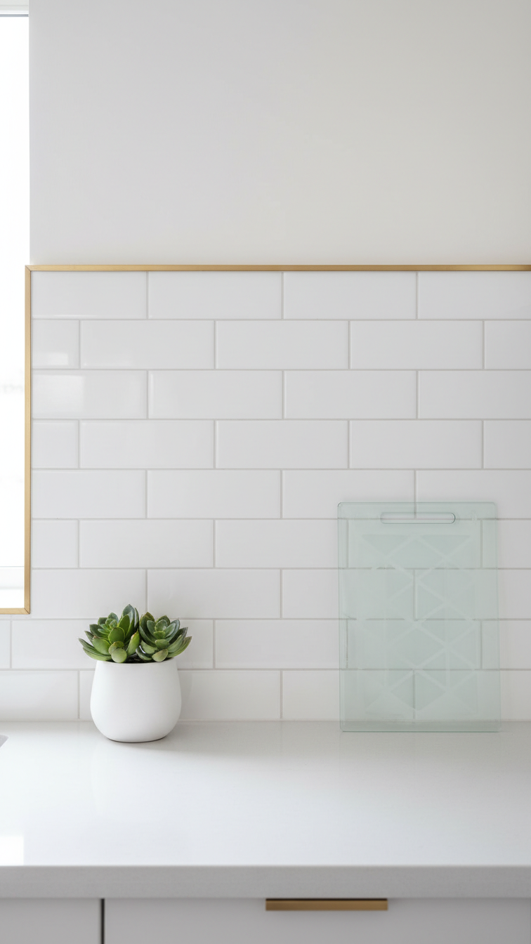Crisp white subway tile kitchen backsplash with thin elegant brass trim, set above a modern light gray countertop.