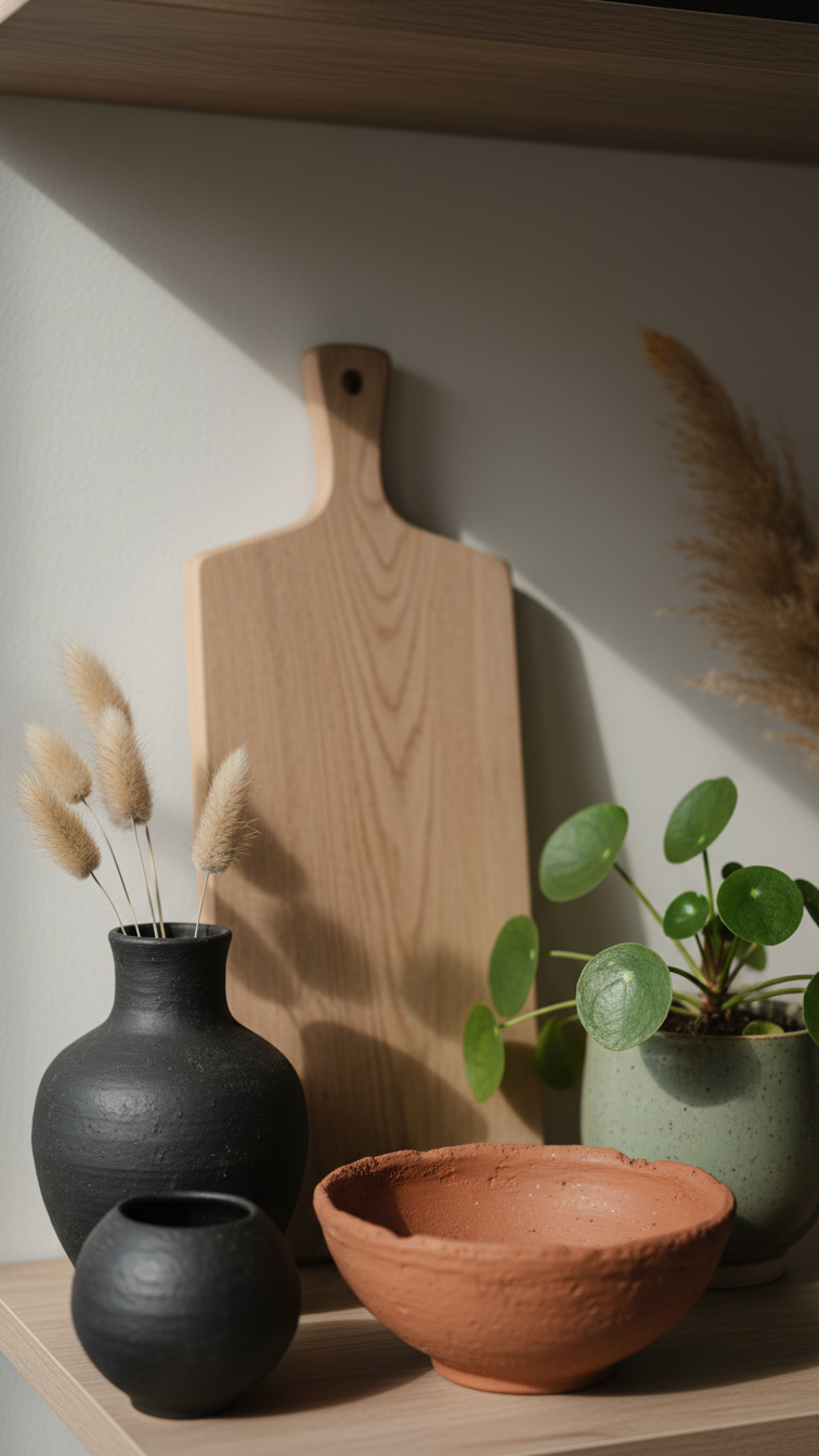 Curated Japandi kitchen shelf with dark ceramics, a wood cutting board, and delicate plant. Minimalist decor and earthy tones.