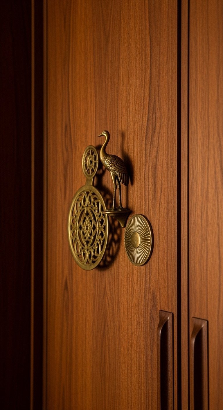 Curated cluster of vintage brass decor, including a crane and sunburst, on a rich dark walnut paneled wall.