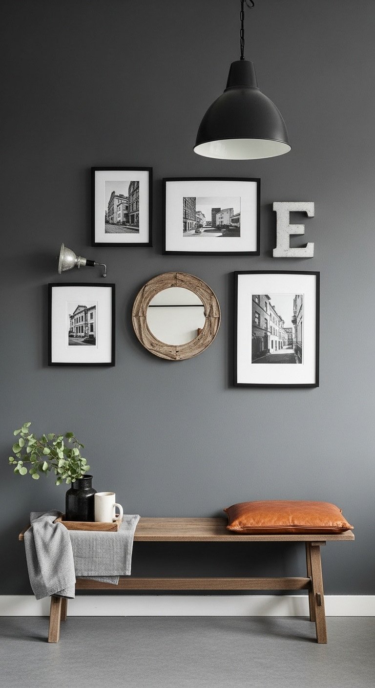 Curated gallery wall on a dark grey wall featuring black and white photos, a wood mirror, and a metal letter 'E'.