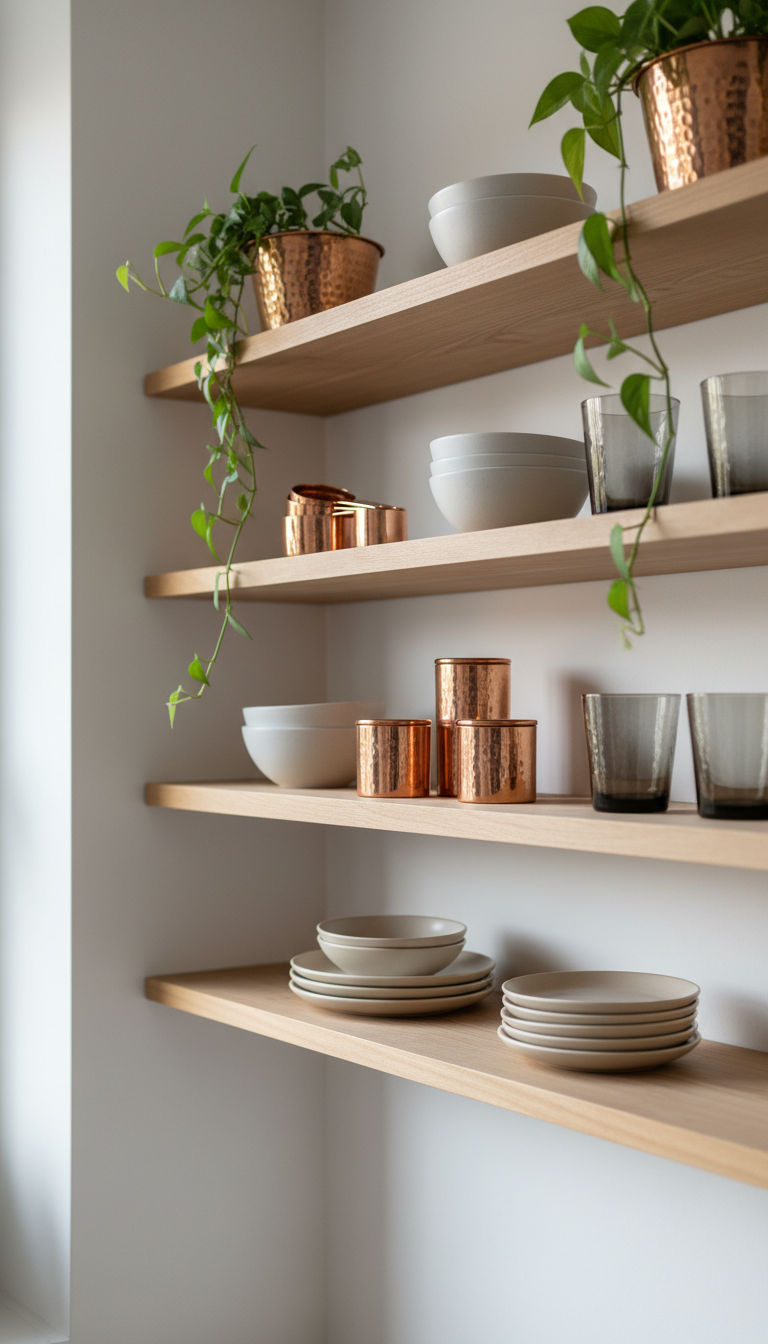 Curated kitchen open shelving displaying hammered copper decor, white ceramics, and green plants on a minimalist wooden shelf.
