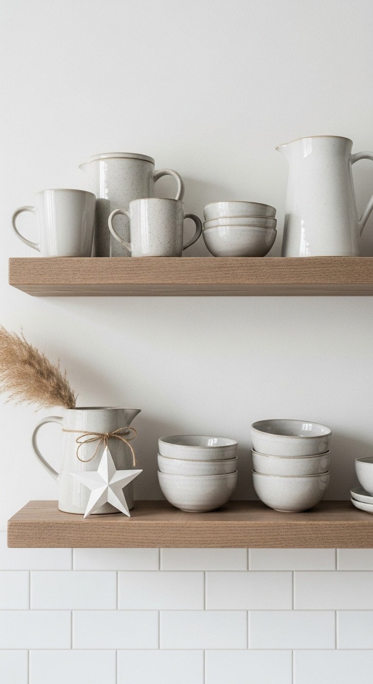 Curated wooden floating kitchen shelves with natural-toned stoneware, paper star ornament, and pampas grass. Minimalist decor.