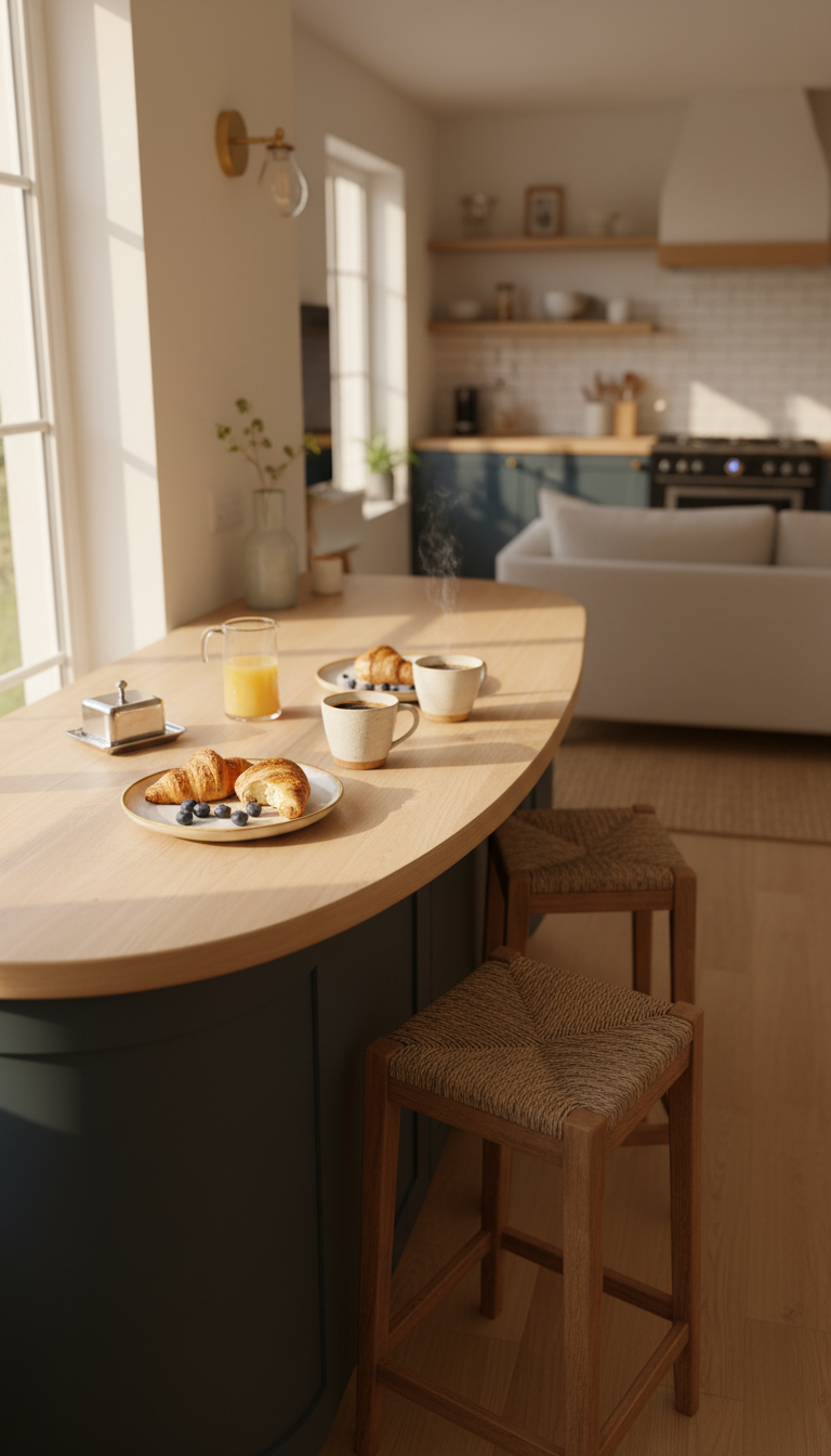 Curved kitchen peninsula breakfast nook with light wood counter, dark matte cabinets, cozy setting for dining.
