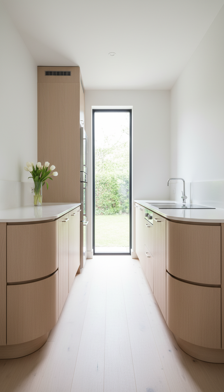 Curved light wood base cabinets in small galley kitchen, softening tight walkway, modern space-saving design.