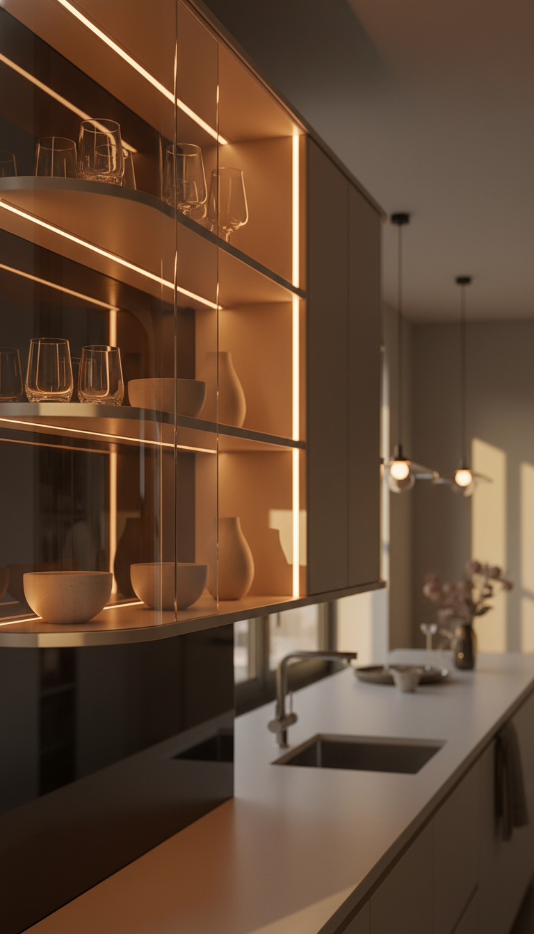 Curved wall cabinets with integrated warm LED lighting, glass fronts displaying minimalist items, elegant kitchen.