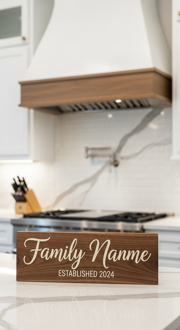 Custom family name sign in dark walnut wood with cream carved letters, leaning on a kitchen's marble backsplash.