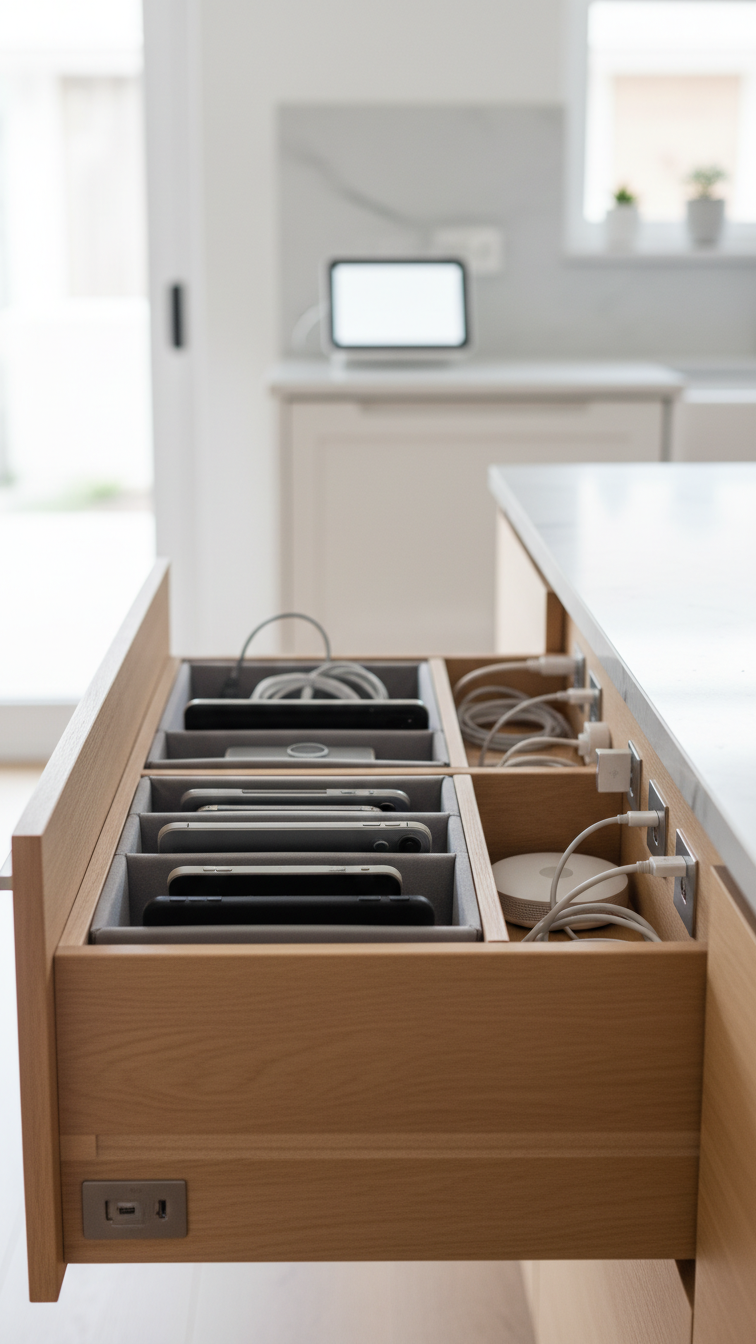 Custom high-tech kitchen cabinetry: pull-out drawer revealing hidden smart device charging station with integrated outlets. Light wood.