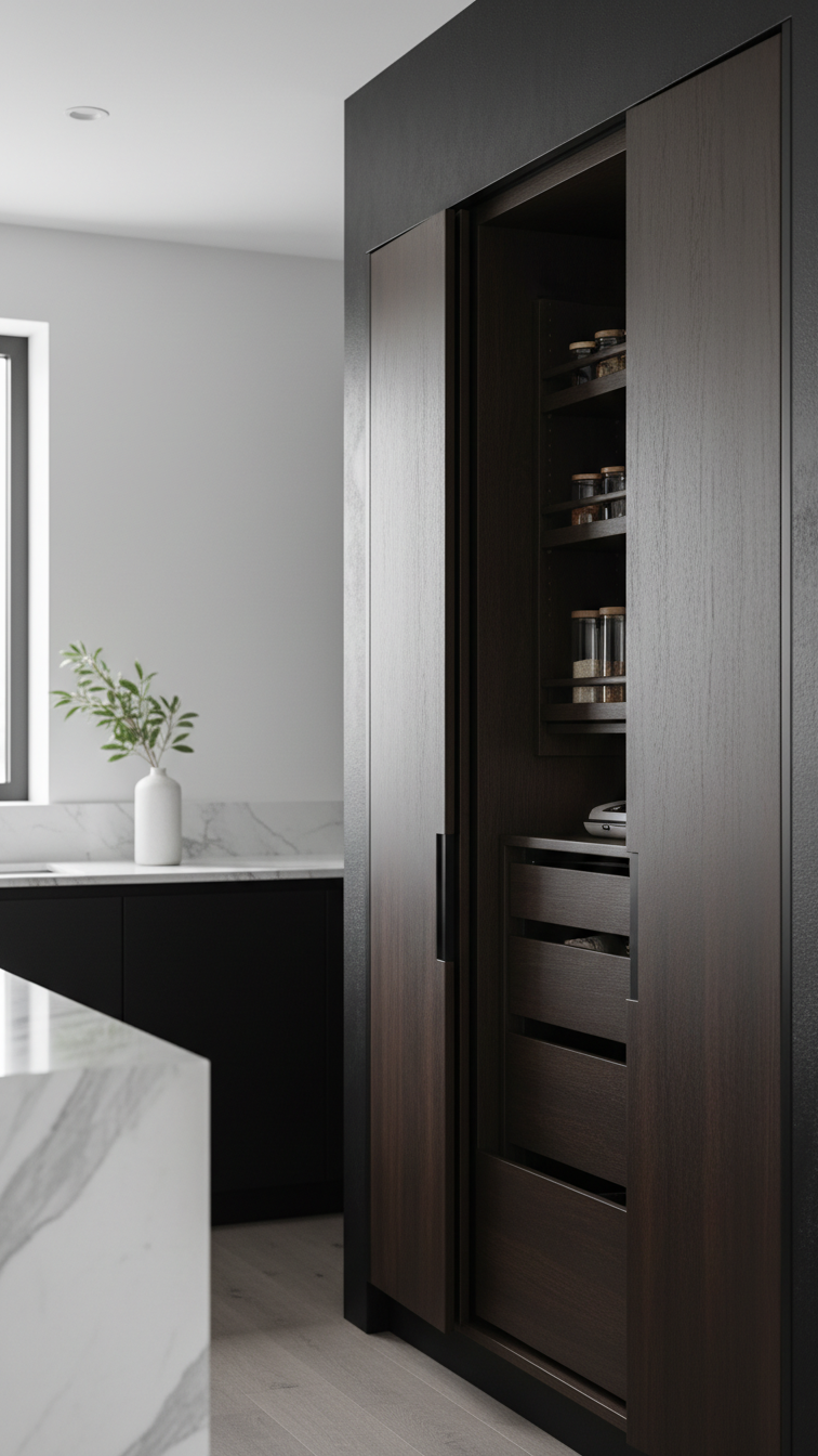 Custom integrated pantry design with dark wood drawers and hidden appliance garages within a sleek, minimalist dark kitchen.