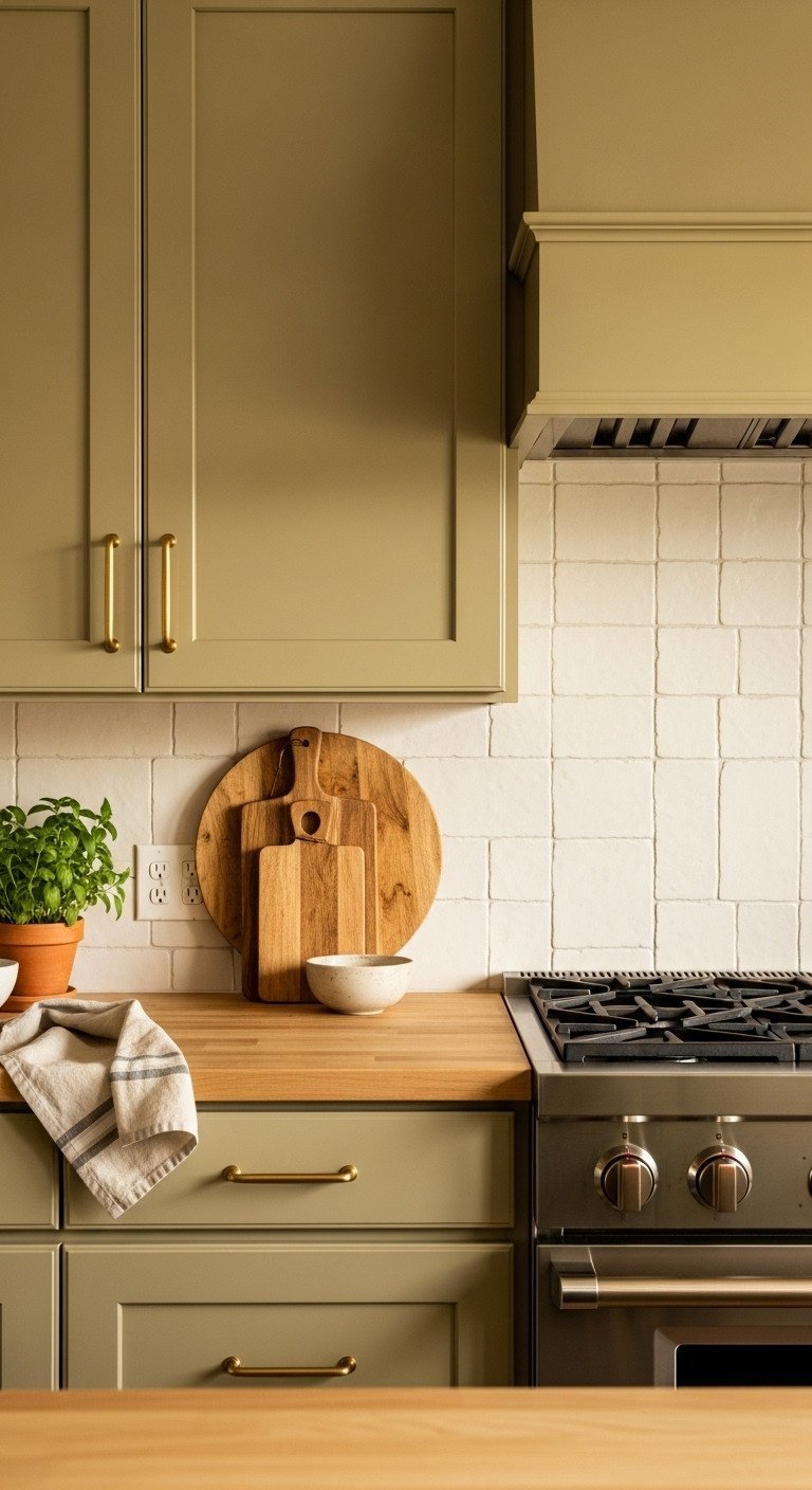 Custom olive green kitchen cabinets with aged brass pulls, zellige tile backsplash, butcher block counter, wooden cutting boards.