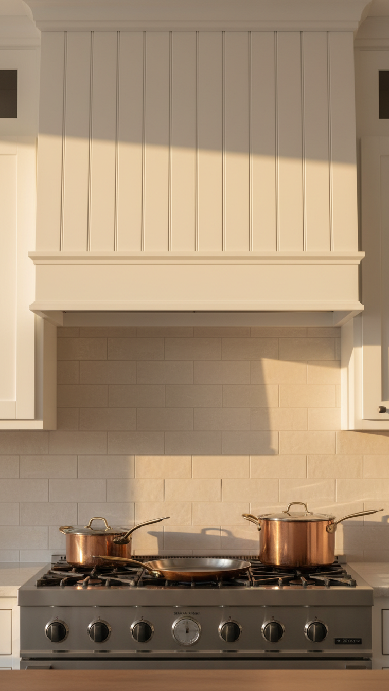 Modern Kitchen Design Fluted Details: 7 Ways To Add Texture 7 Custom white fluted wood range hood above a stainless steel range, creating a sophisticated kitchen focal point with textured wall details.