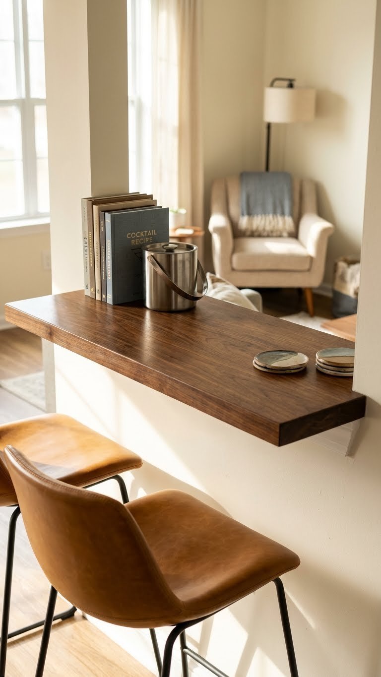 Custom wooden bar counter capping a half-wall, creating a casual dining spot with leather stools and cocktail books.
