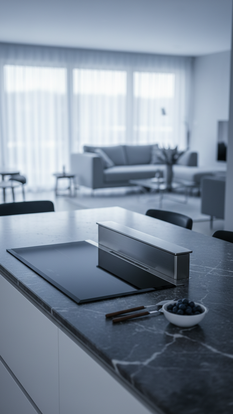 Cutting-edge kitchen island: invisible induction hob and rising downdraft ventilation on a dark stone countertop.