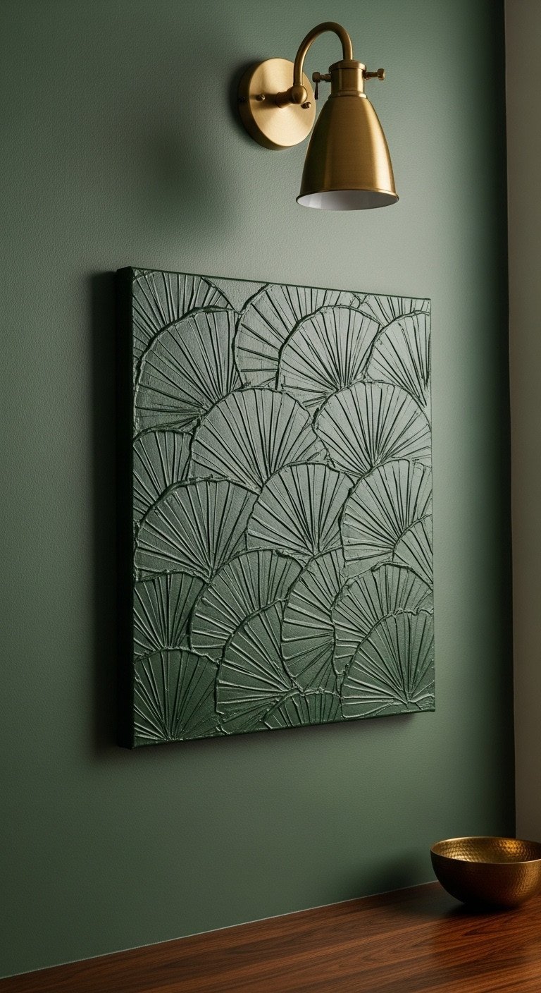 DIY color drench art piece with fan texture on a moody green wall, highlighted by a modern brass picture light.