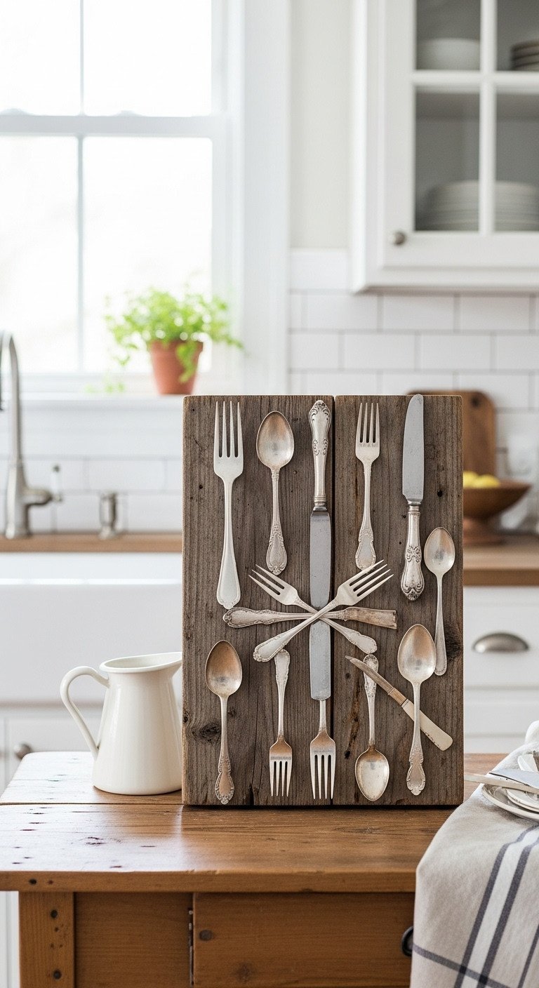 Brilliant Upcycled Kitchen Decor Ideas To Transform Your Walls 1 DIY farmhouse wall art using white vintage silverware on reclaimed wood. Rustic kitchen decor with soft, natural lighting.