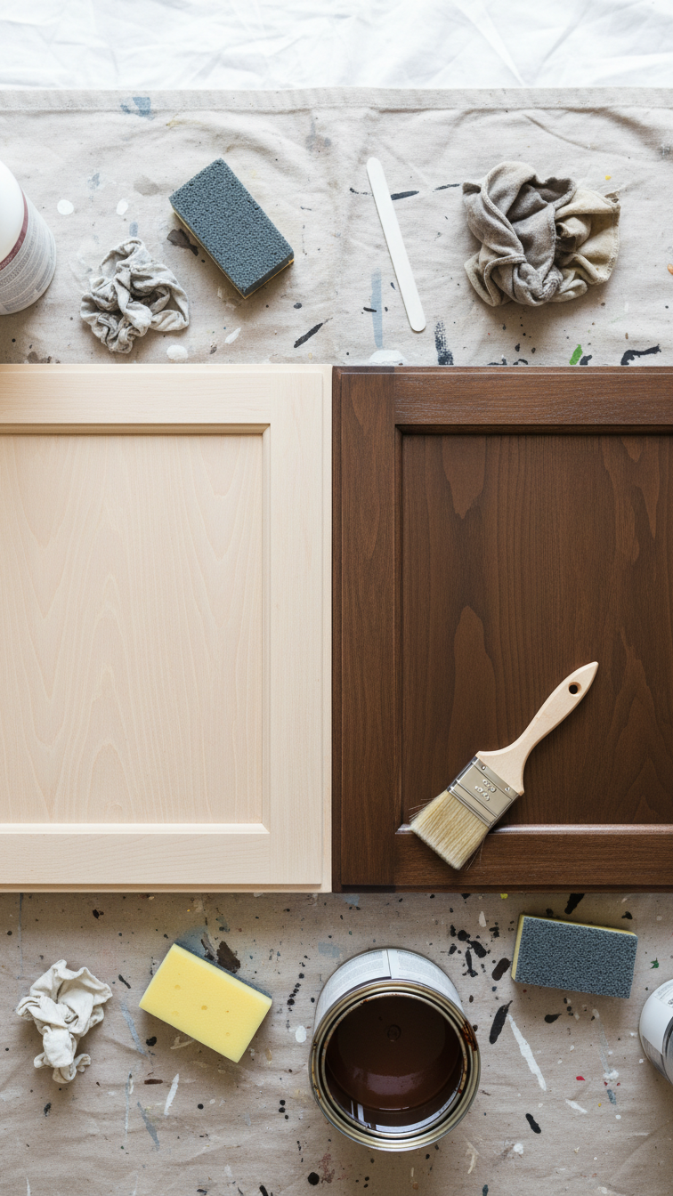 DIY kitchen cabinet transformation: sanded wood next to freshly dark-stained section, with stain can, brush, sponges.