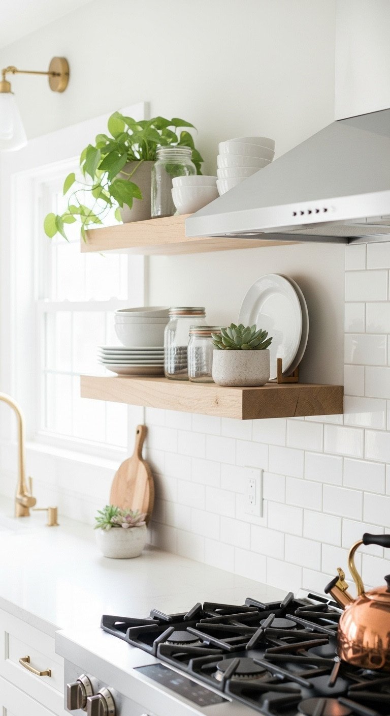 11 Genius Small Kitchen Decor Ideas To Maximize Your Space 1 DIY rustic wood floating shelves on a white kitchen tile wall styled with minimalist white dishes and a potted succulent.