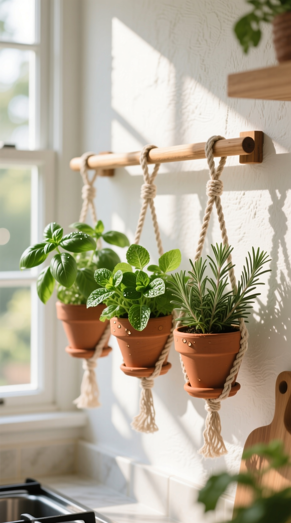 13 Genius Boho Kitchen Wall Decor Ideas You Can Style 9 DIY wall-mounted hanging herb garden with basil and rosemary in terracotta pots suspended from a wooden rod in a kitchen.