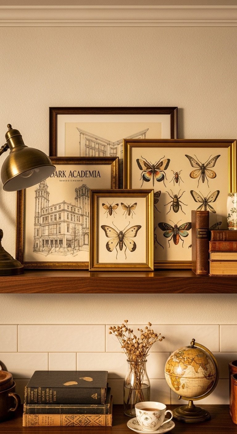 Dark Academia decor with framed architectural sketches and insect art leaning on a walnut shelf with books and a brass lamp.