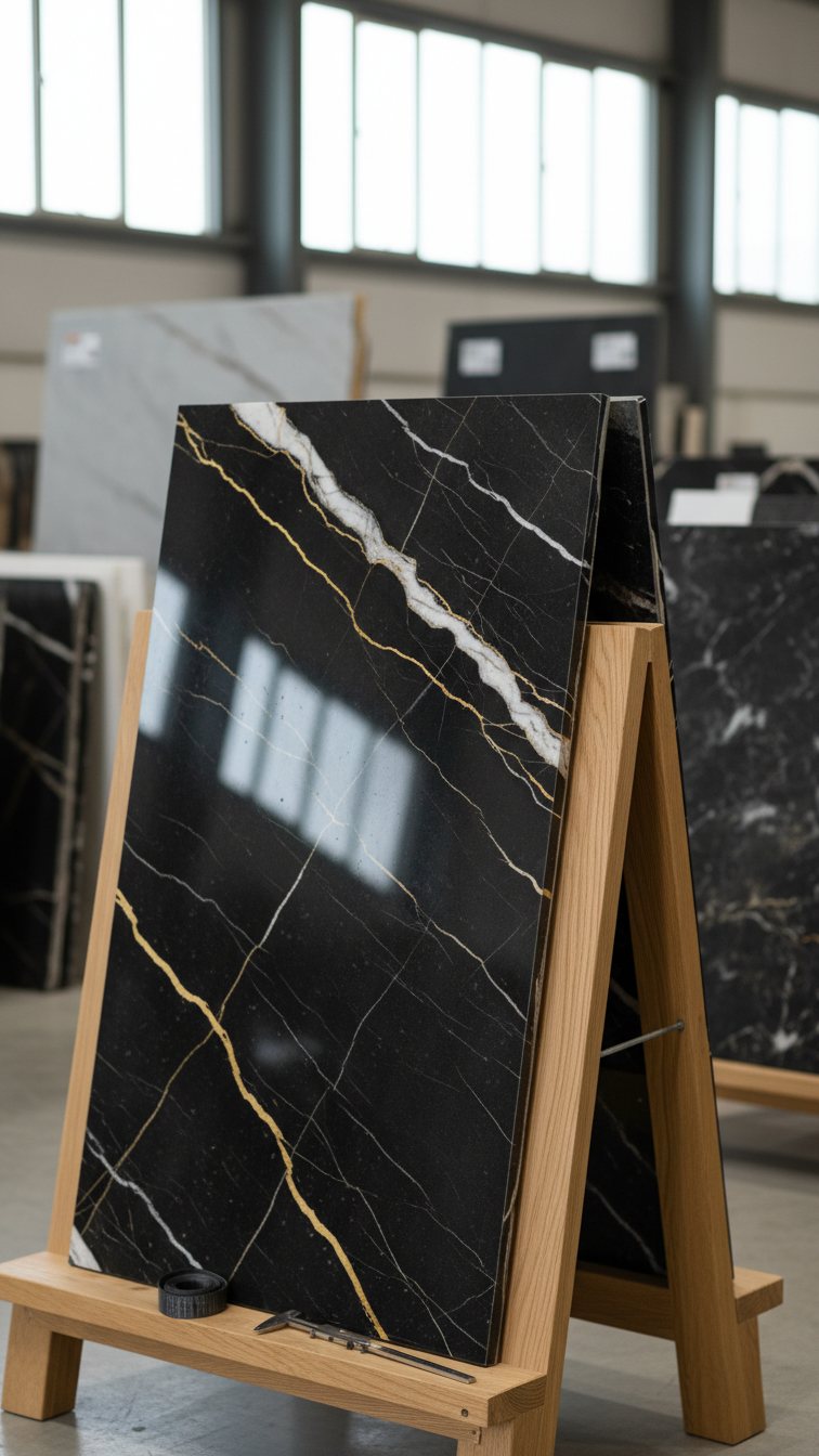 Dark Nero Marquina marble slab with bold white veining displayed on a wooden A-frame in a well-lit warehouse, featuring fabricator tools.