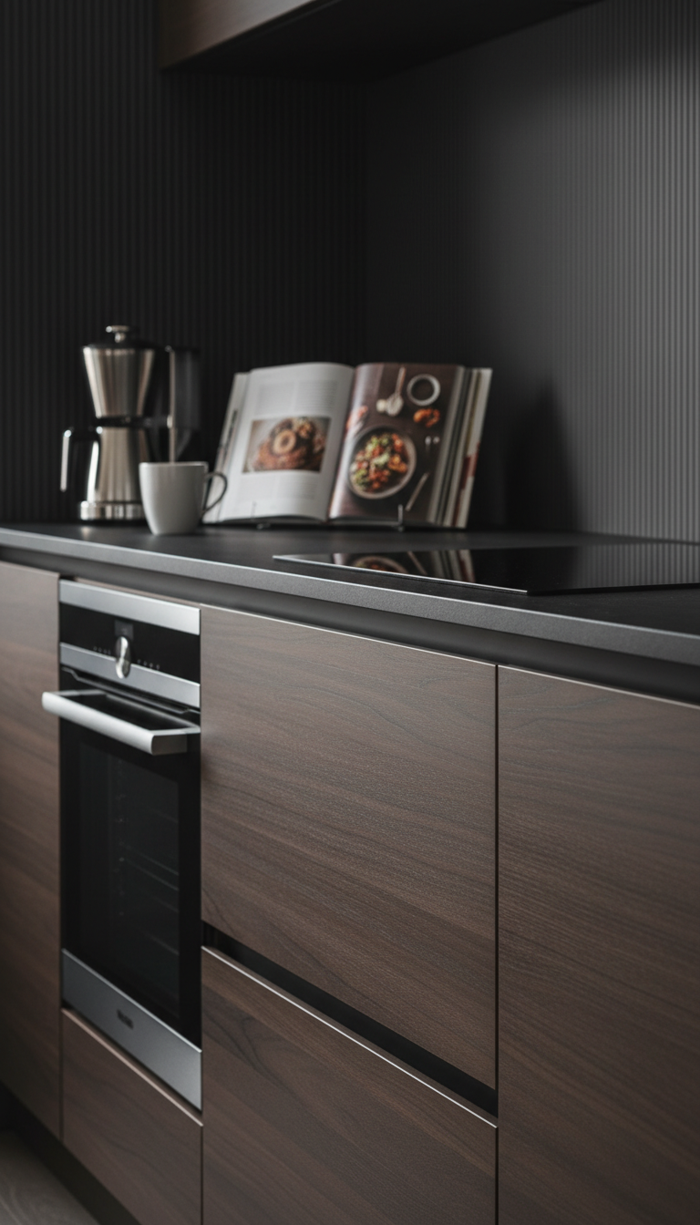 Dark ash brown, anthracite kitchen cabinets, wood grain, black countertop. Modern, sophisticated kitchen with coffee maker, open cookbook.