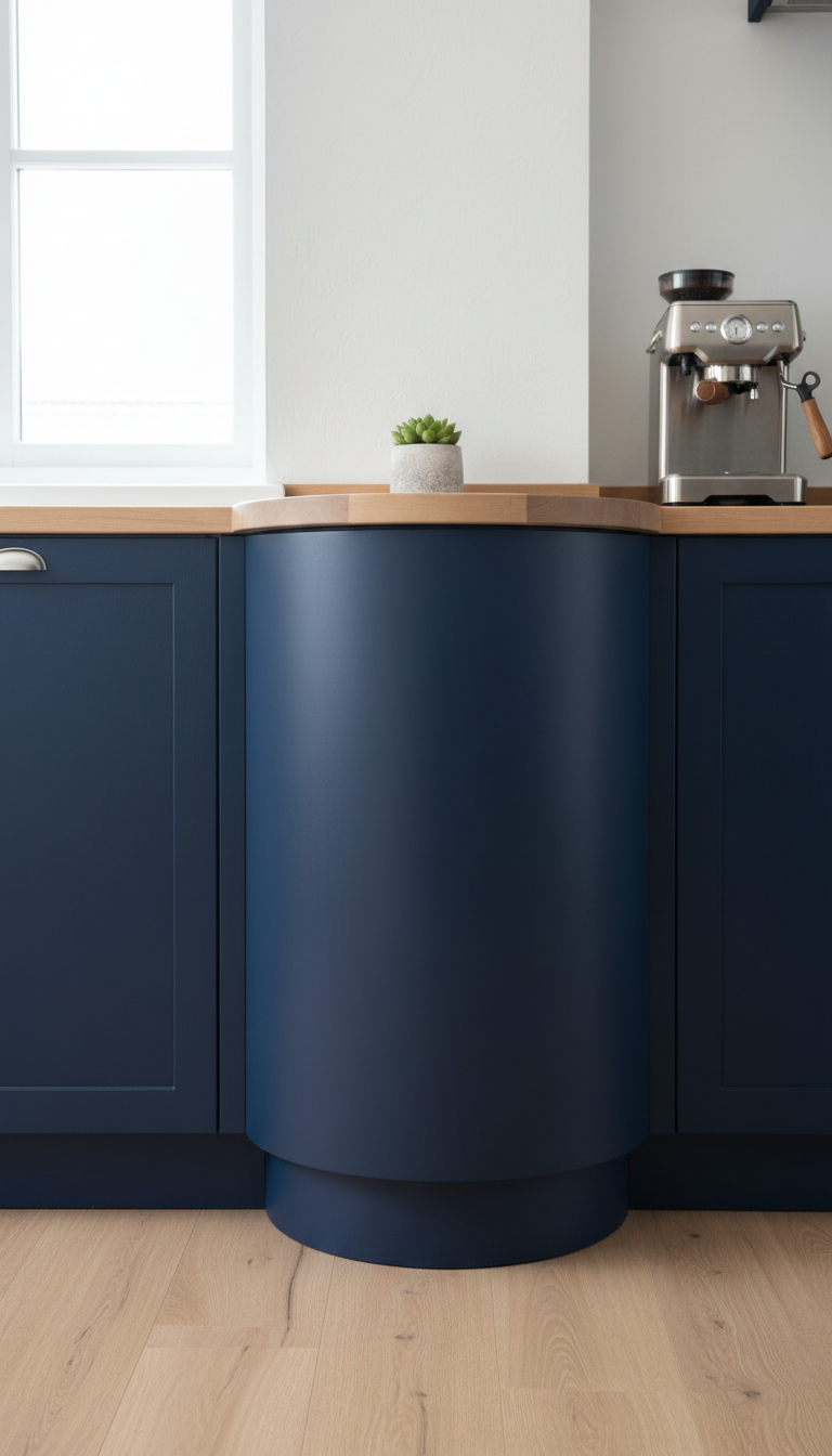 Dark blue matte curved corner kitchen cabinetry, seamless design, light wood floor, white wall, modern kitchen.