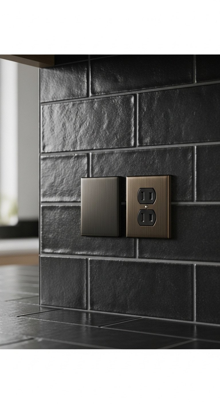 11 Genius Ways To Hide Kitchen Outlets With Flawless Decor 15 Dark bronze electrical outlet and cover plate seamlessly blend into a patterned tile kitchen backsplash, camouflaged design.