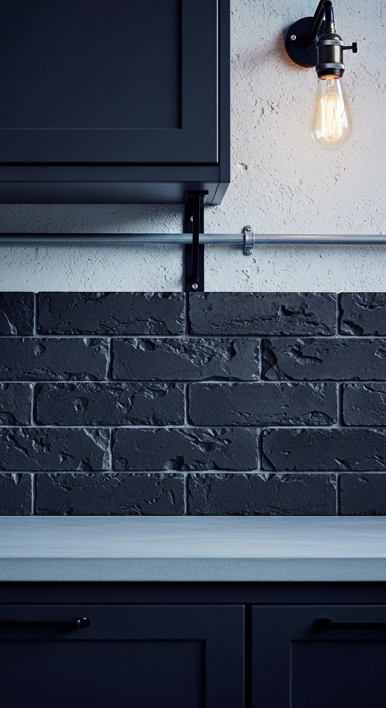 11 Brick Backsplash Ideas And The Essential Sealing Guide 7 Dark charcoal reclaimed thin brick backsplash with distressed texture in an urban industrial kitchen, featuring matte black cabinets.