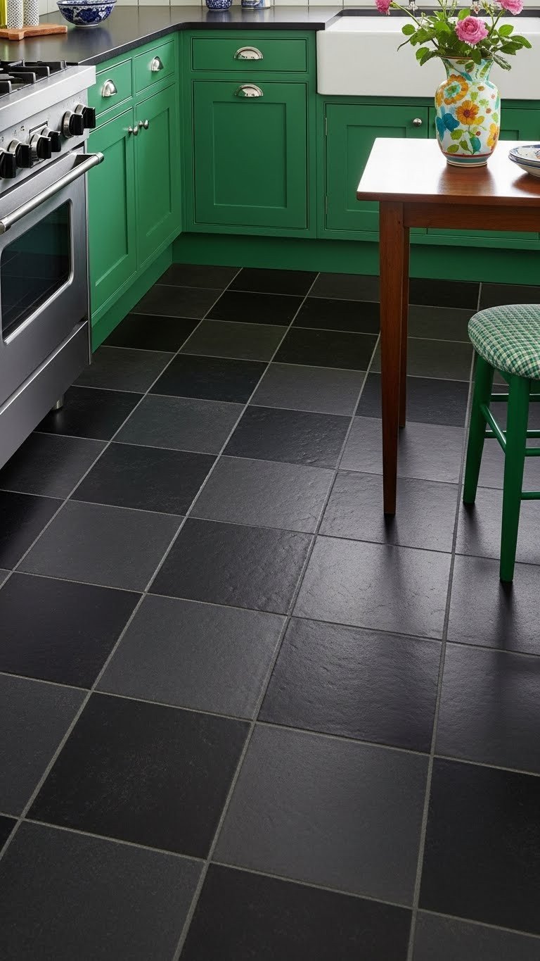 Moody Kitchen Flooring: 11 Essential Ideas To Transform Your Home 17 Dark checkerboard floor (black, charcoal) in eclectic kitchen. Bright cabinets, silver, cafe table, colorful vase.