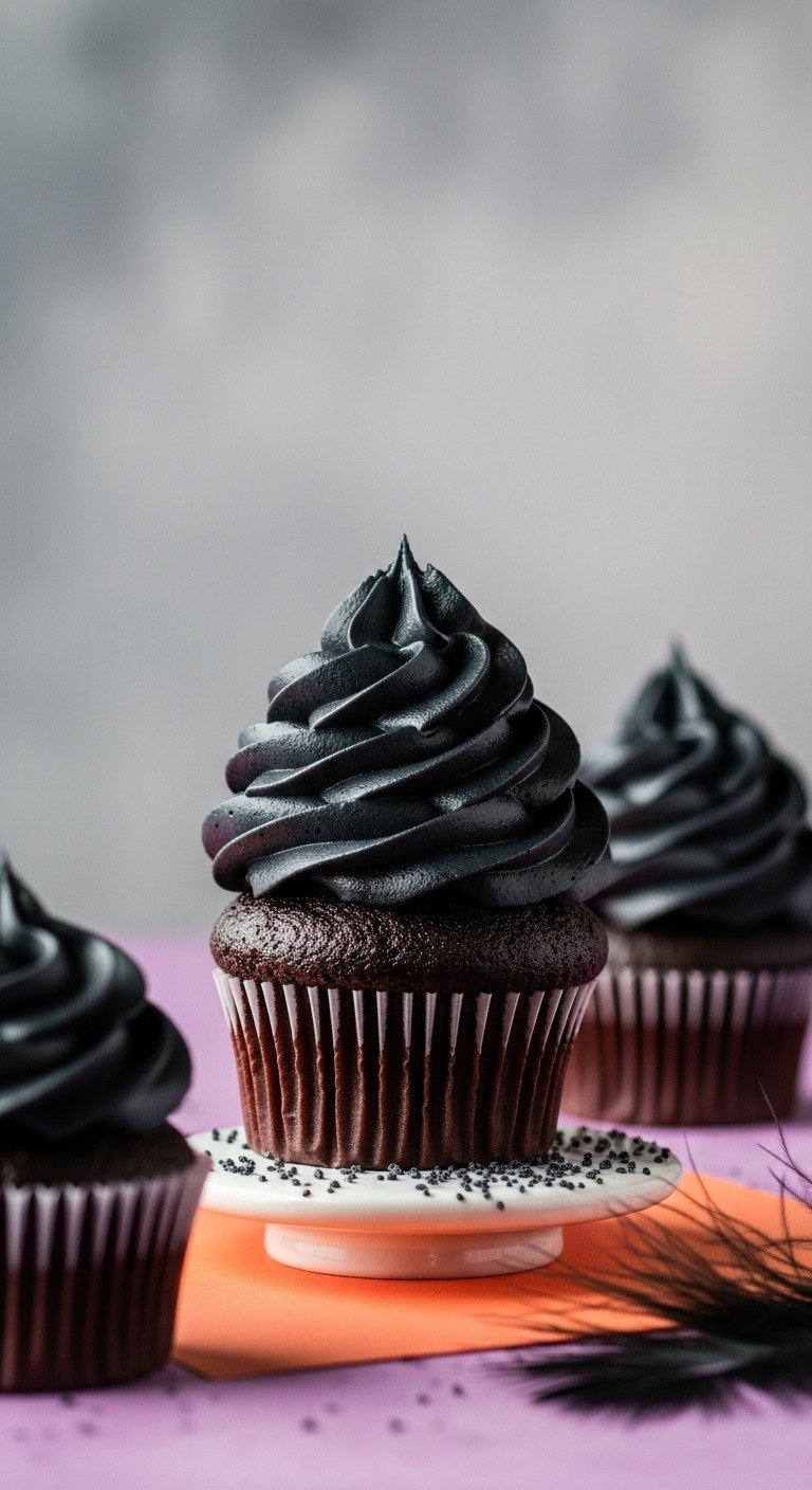 Dark chocolate cupcakes with elegant jet-black frosting swirl on a simple stand against a purple backdrop, dramatic lighting.