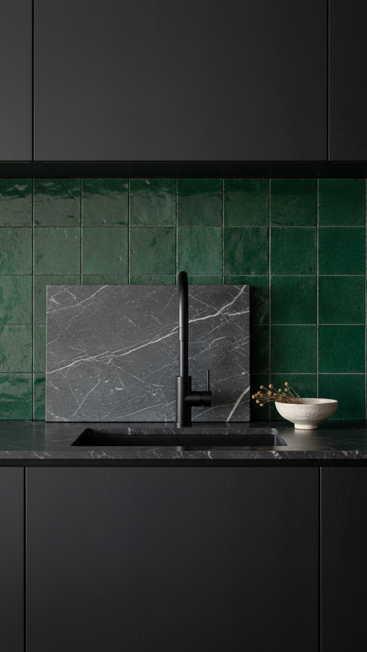 Dark deep-green Zellige tile backsplash with textured surfaces, contrasting a sleek matte black countertop and black faucet.