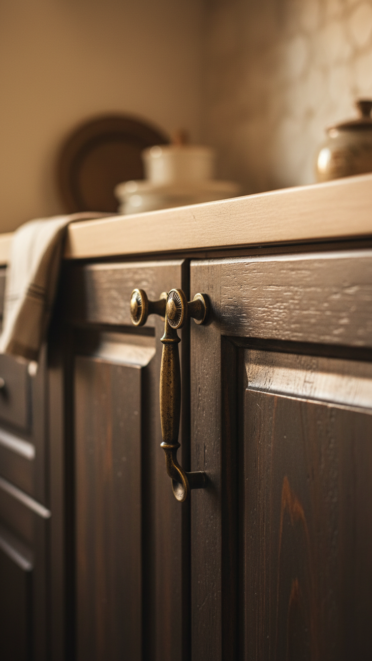 Moody Rustic Kitchen Design: The Ultimate Guide For Any Home 3 Dark distressed wood kitchen cabinetry, showcasing visible knots and antique brass hardware, bathed in warm golden light.