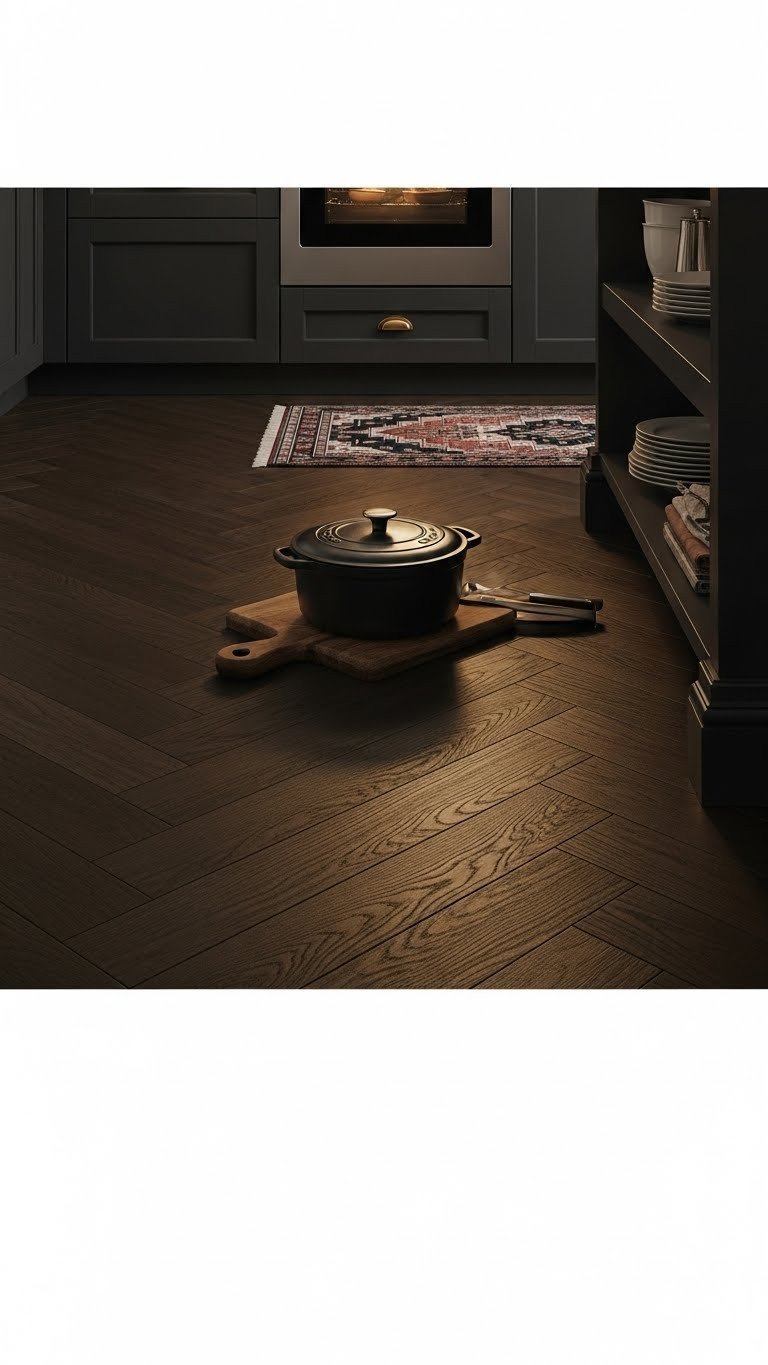 Moody Kitchen Flooring: 11 Essential Ideas To Transform Your Home 13 Dark espresso engineered hardwood, herringbone, in a cozy kitchen. Shaker cabinets, area rug, brass pulls, golden light.