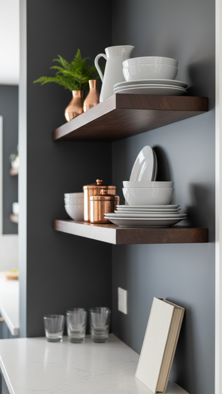 Dark floating kitchen shelves on a charcoal wall, styled with bright white ceramics, copper accents, and a plant.